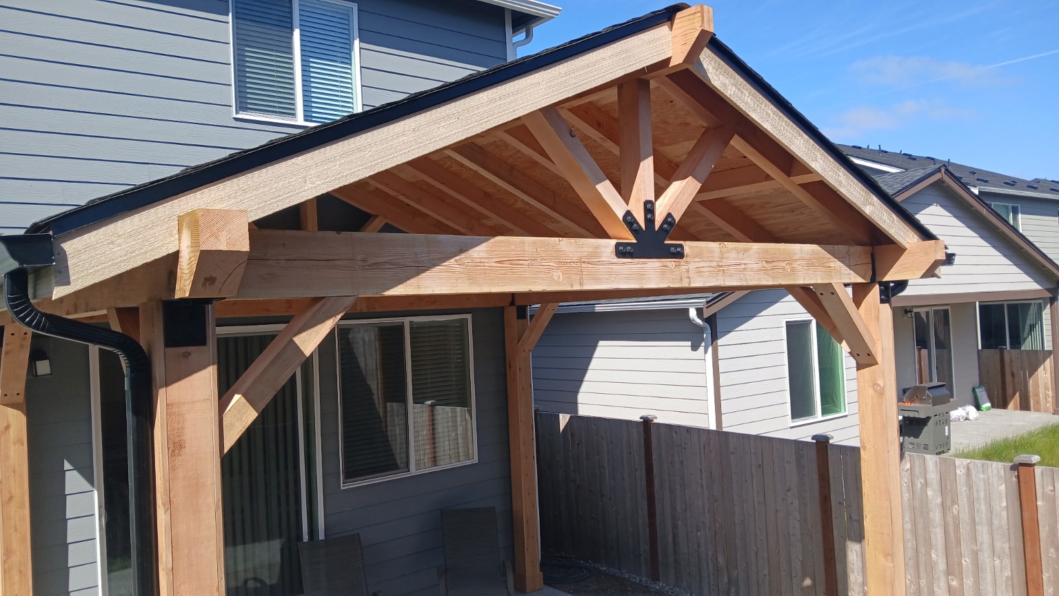 Completed custom timber patio cover from the front
