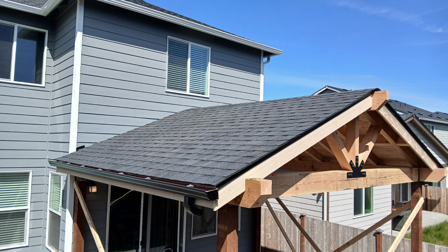 Completed shingle roof and gutter installation