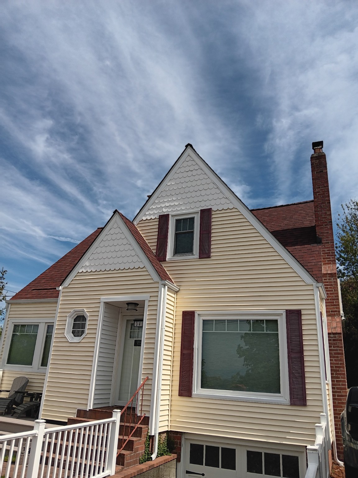 Angled front view of the house after exterior trim work